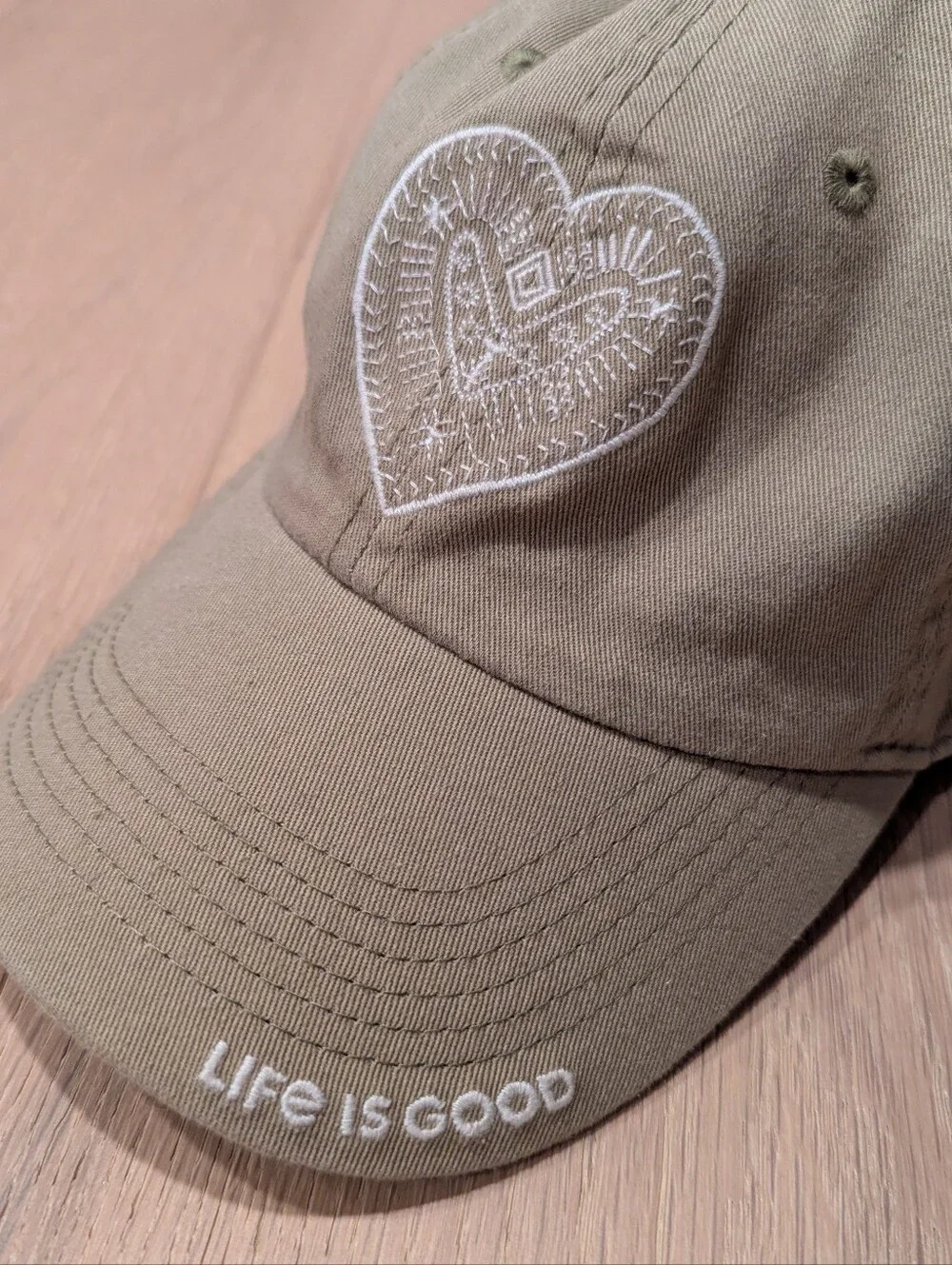 Life Is Good Khaki Baseball Cap with Heart Patch